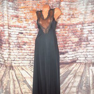 Vanity Fair Medium Nylon Long Black Sheer Mesh Lace Bodice Nightgown Lingerie